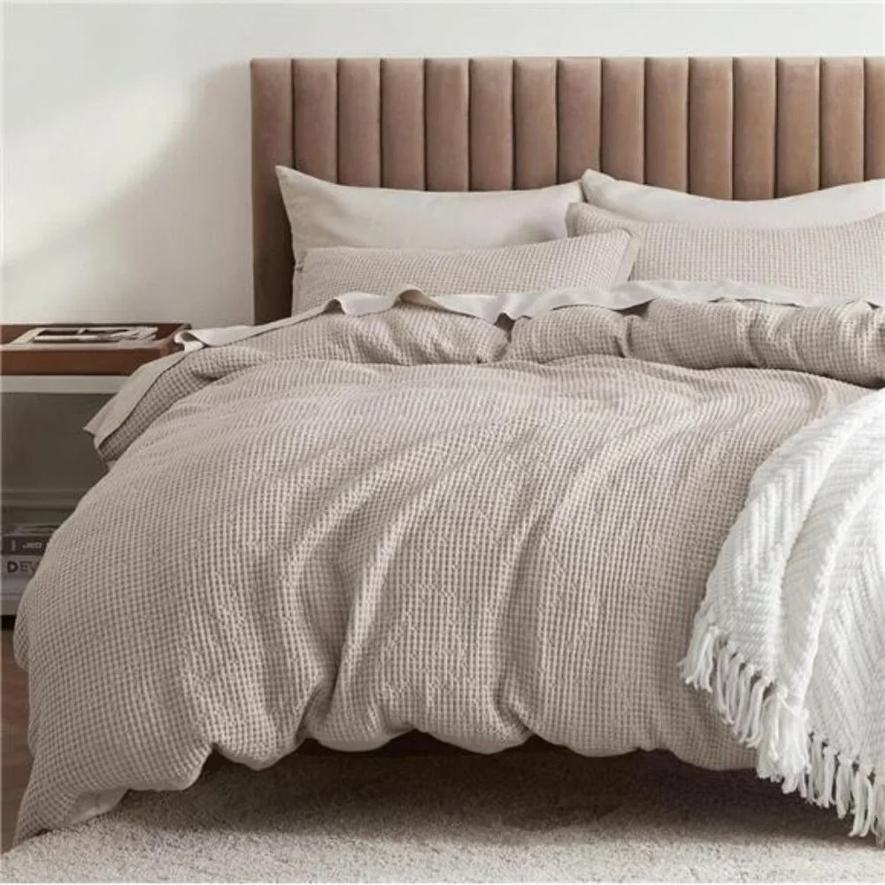 NEW West Elm Beige Waffle Weave Queen King 100% Cotton Bedding Duvet & Sham Set